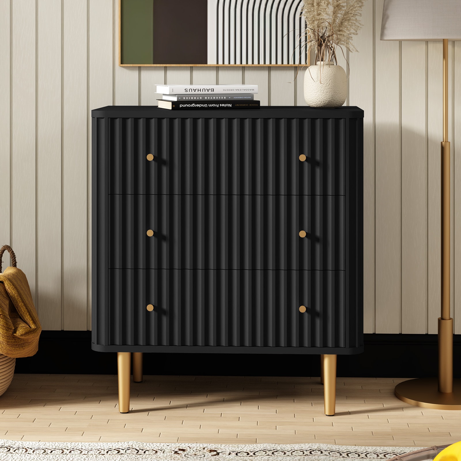 Black Modern 3 Drawer Dresser for Bedroom - Wood Storage Cabinet with Fluted Texture, Spacious Chest of Drawers Organizer for Living Room,Closet,Hallway